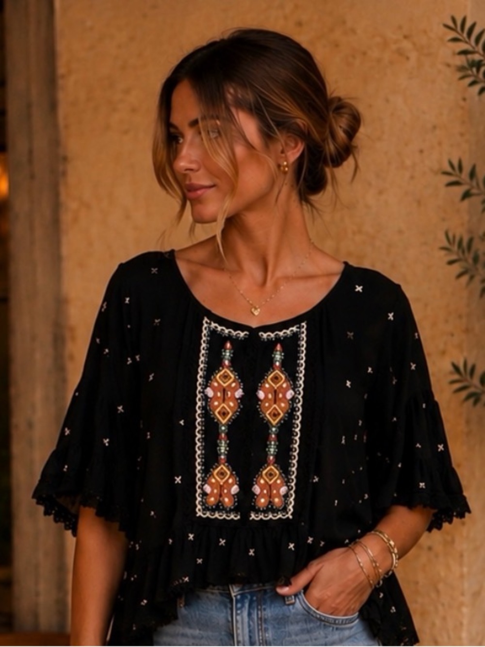 VELVET Brand boho embellished high low crop top Small black Beaded